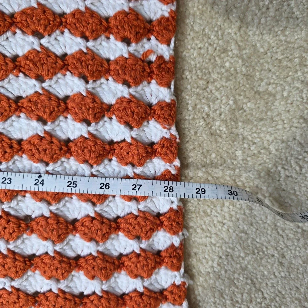 Handmade Crochet Shell Stitch Throw Blanket Burnt Orange White Striped 38x28